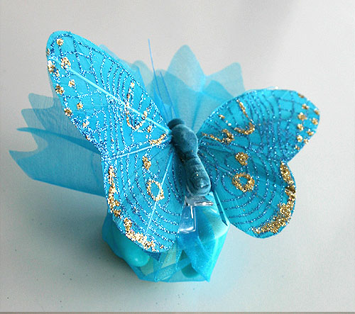 Pochon Organza Papillons Paillettes Dragées Turquoise