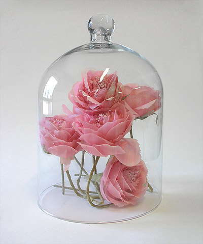 Cloche en verre avec camélia rose