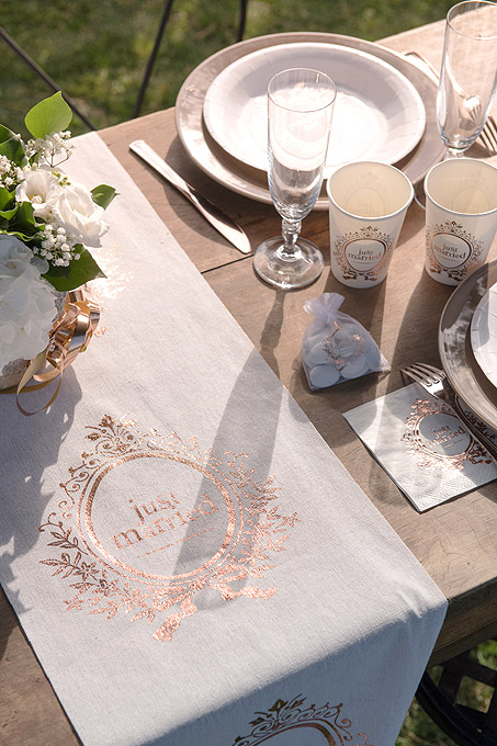 Chemin de Table Coton Lin Just Married Rose Gold | Thème Just Married  Mariage